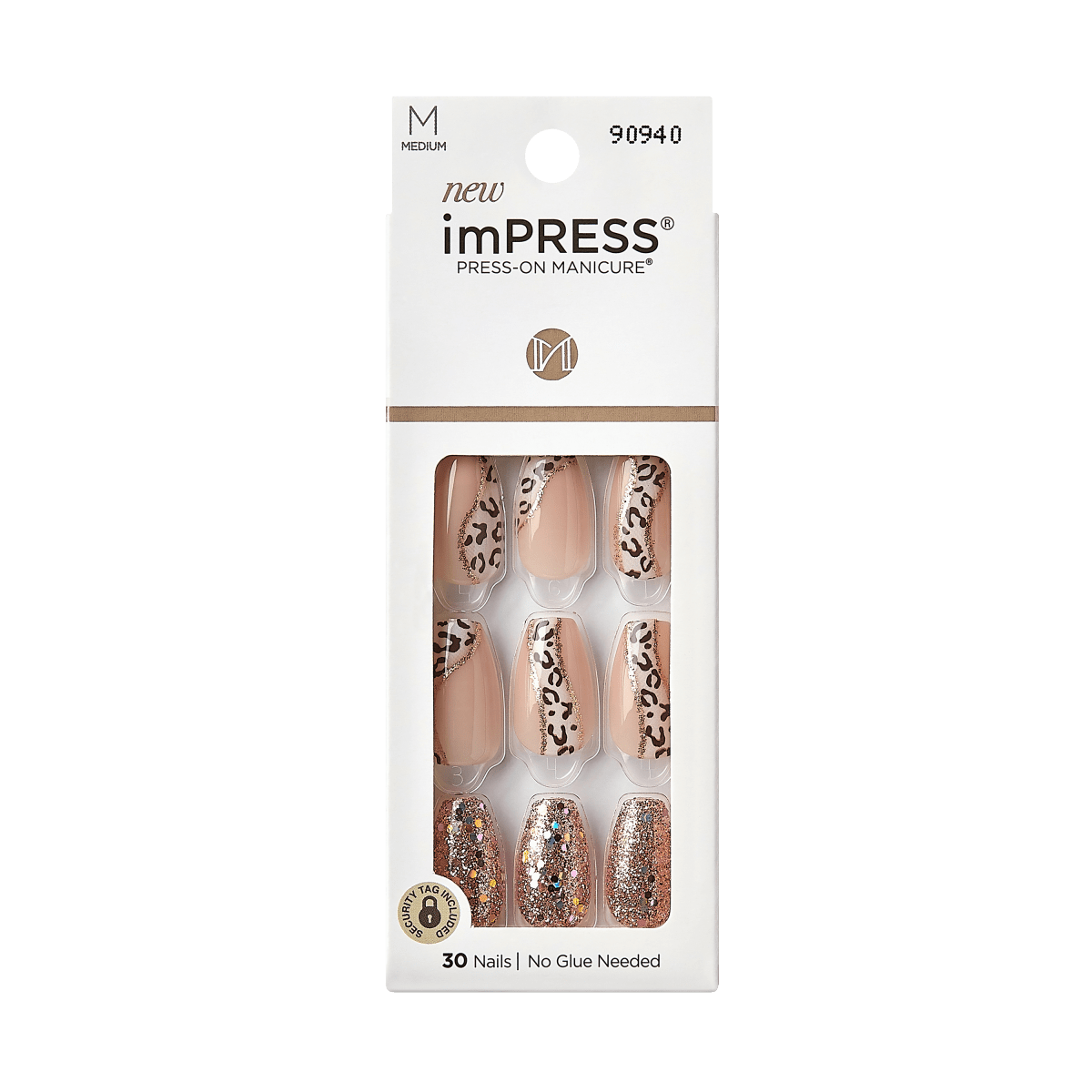 KISS imPRESS No Glue Mani Press On Nails, Design, No Limit, Brown, Med Coffin, 30ct