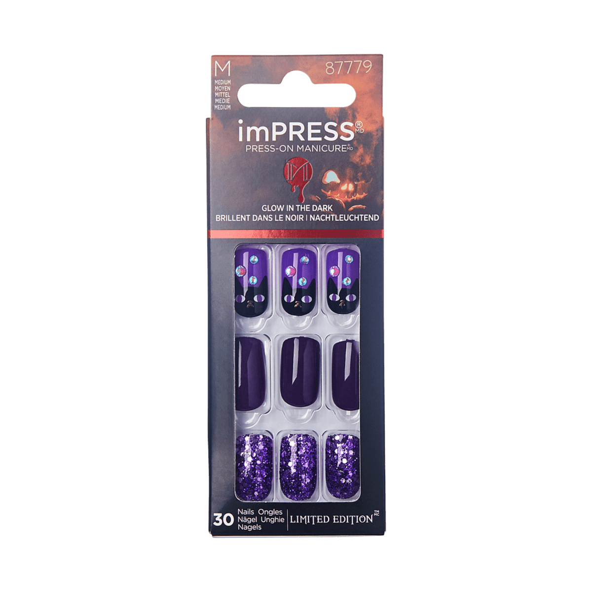 KISS imPRESS No Glue Mani Press On Nails, Design, Too cute to spook, Purple, Med Squoval, 30ct