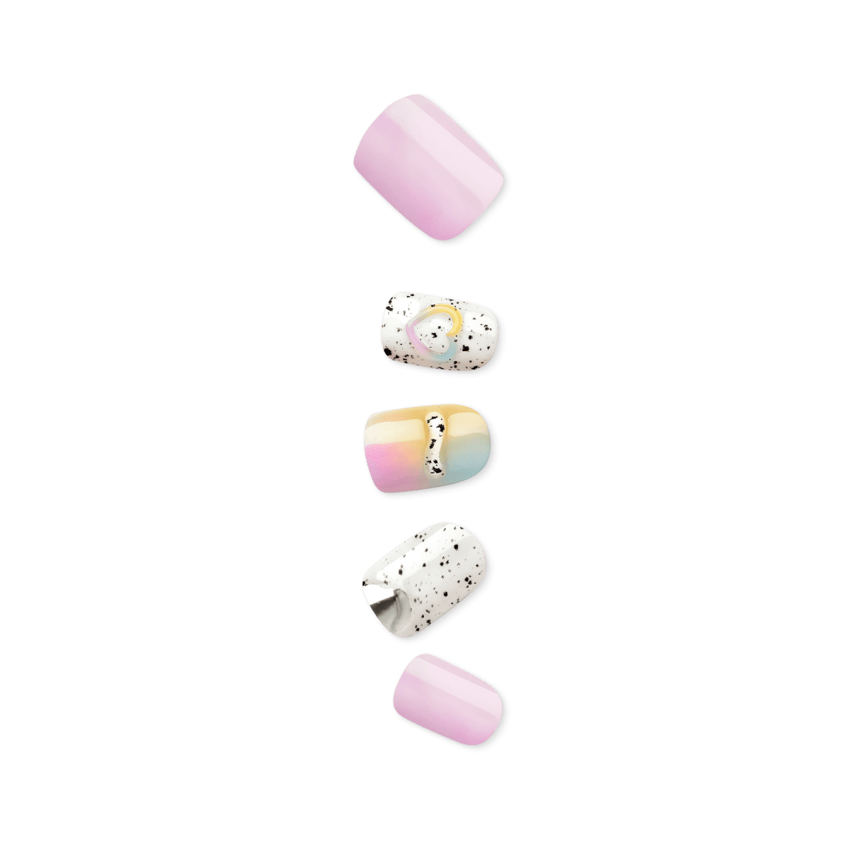 Five press-on nails showing the Sweet Life design: a mix of pastel pink, yellow, and blue nails, white nails with black speckles, and one with a heart detail.