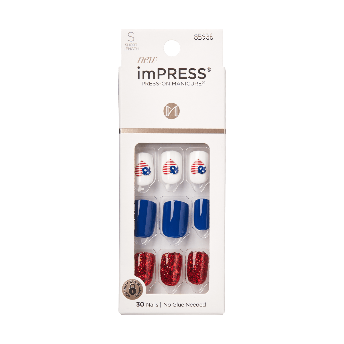 KISS imPRESS No Glue Mani Press On Nails, Design, Joyful, Blue, Short Squoval, 30ct
