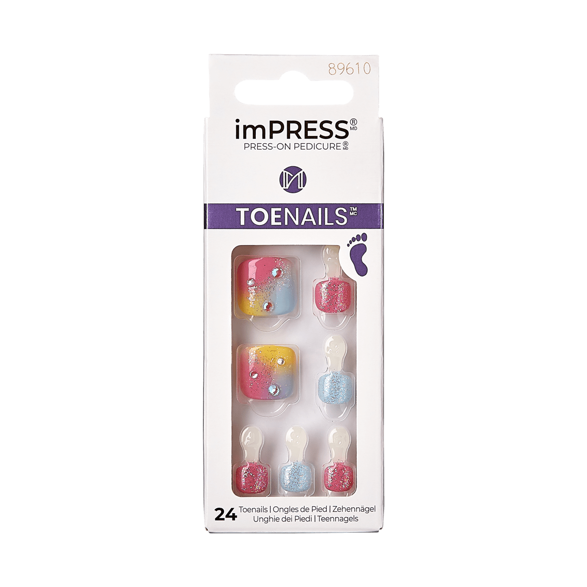 imPRESS Press-On Pedicure box featuring 24 colorful toenails with pink, blue, and yellow gradient designs, some adorned with glitter and rhinestones.