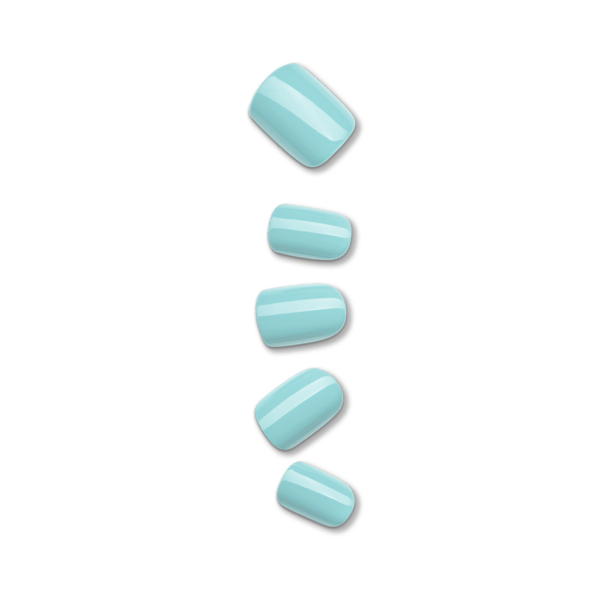 Five glossy, light mint green press-on manicure nails of varying sizes arranged vertically against a transparent background.