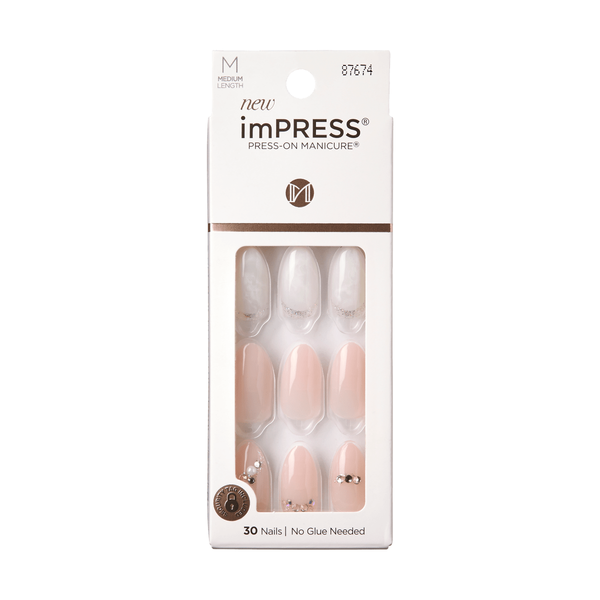 KISS imPRESS No Glue Mani Press On Nails, Design, Epiphany, Pink, Med Almond, 30ct