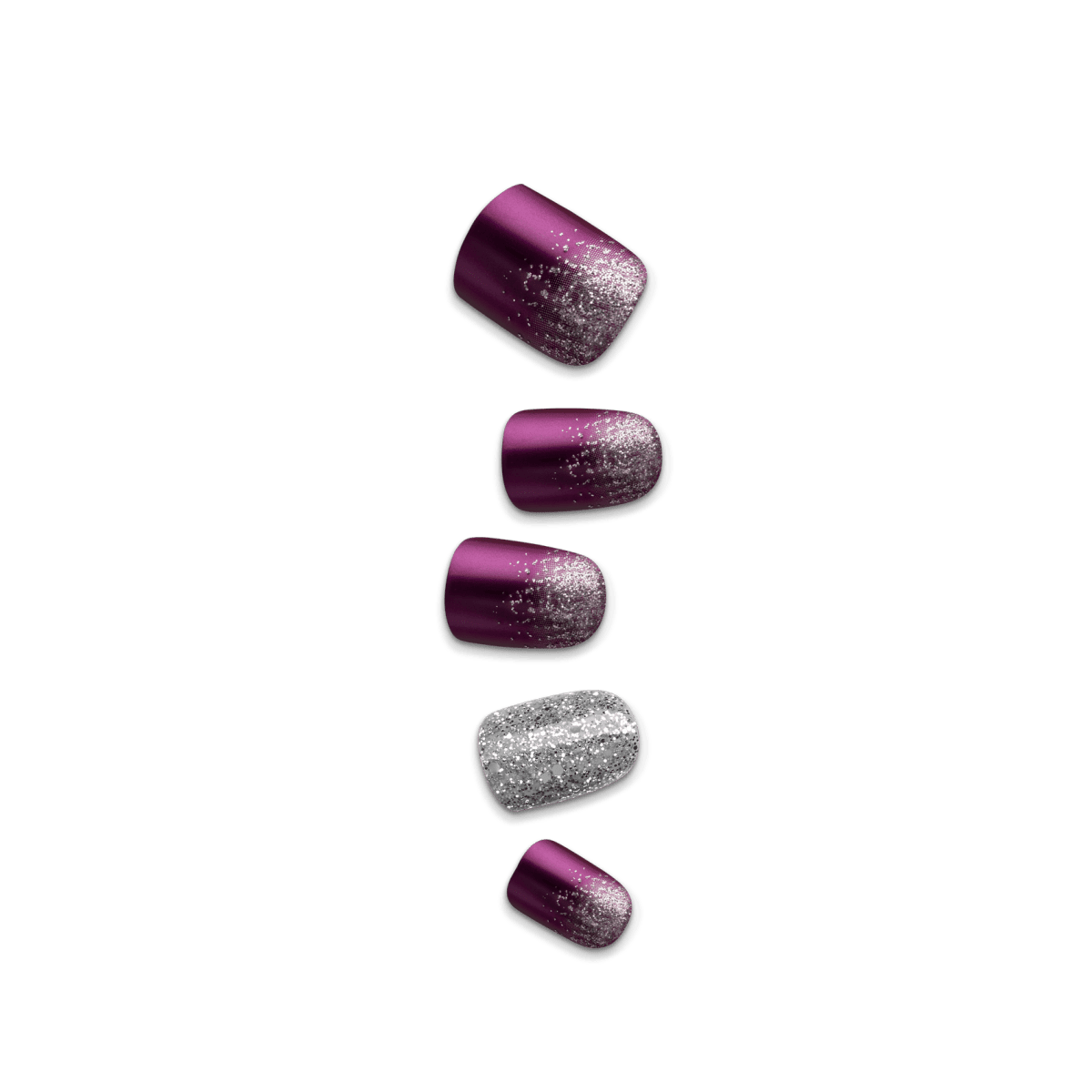 Set of five press-on nails in a dark purple shade with silver glitter gradients and one nail fully covered in silver glitter, displayed on a transparent background.