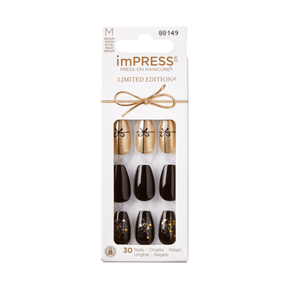 KISS imPRESS No Glue Mani Press On Nails, Design, Naughty or Nice, Black, Med Coffin, 30ct