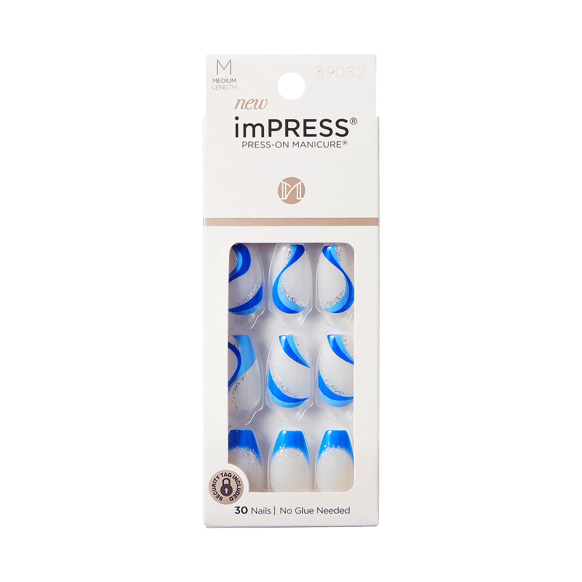 imPRESS Press-On Manicure package with 30 medium-length press-on nails featuring blue swirl and gradient designs, no glue needed.