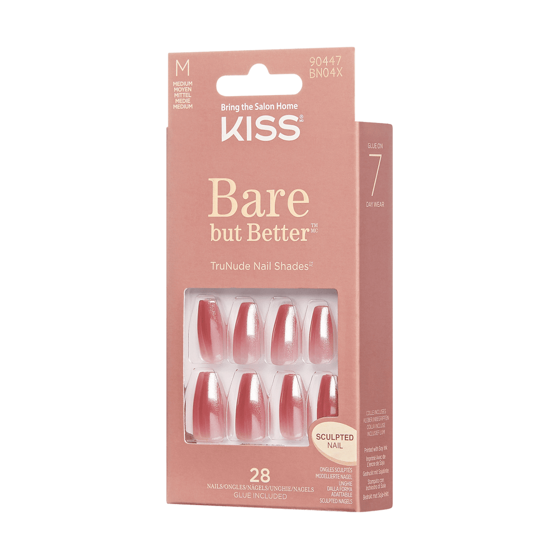 KISS Bare But Better, Press-On Nails, Dawn, Pink, Med Coffin, 28ct