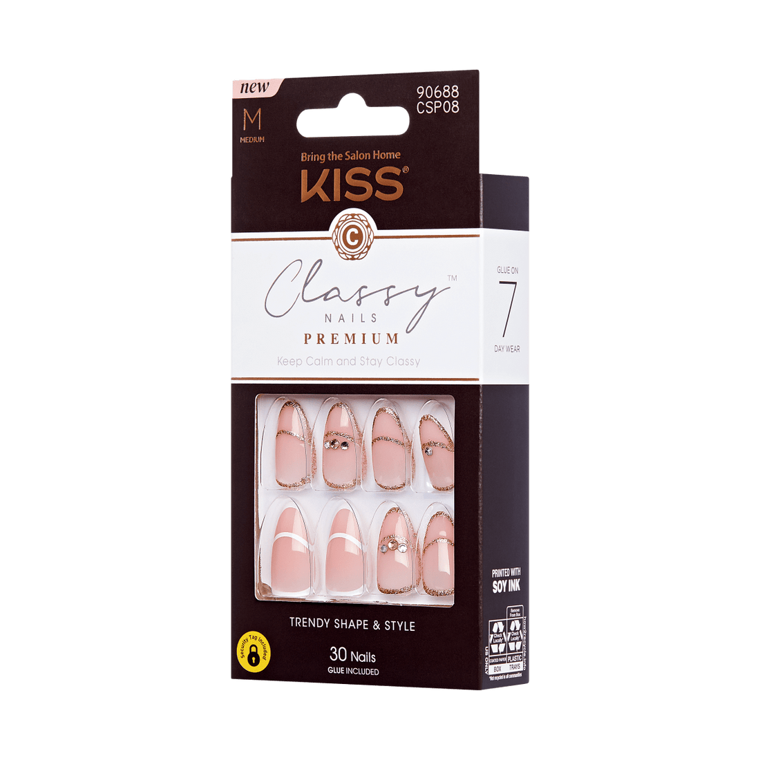 KISS Classy Nails, Press-On Nails, Over the Moon, Beige, Med Almond, 30ct