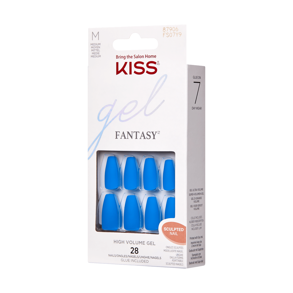 KISS Gel Fantasy Sculpted Nails in Blue Steel, medium size, high volume gel, 28 nails with glue included, boxed packaging with 7-day wear claim.