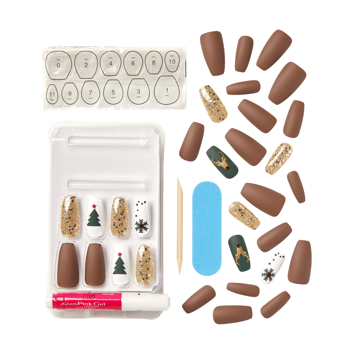 Set of brown, gold glitter, white, and green press-on nails with holiday designs including Christmas trees, reindeer, and snowflakes; includes nail glue, nail file, and size guide.