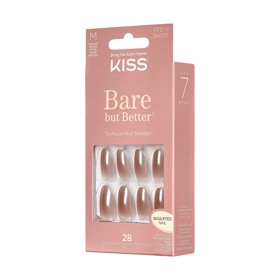 KISS Bare But Better, Press-On Nails, Pudding, Beige, Med Almond, 28ct