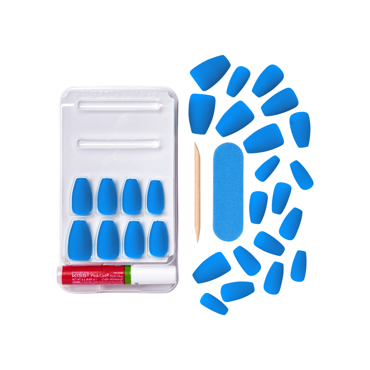 Blue matte sculpted press-on nails in two sizes displayed with nail glue, wooden cuticle stick, and blue nail file, all in clear plastic packaging.