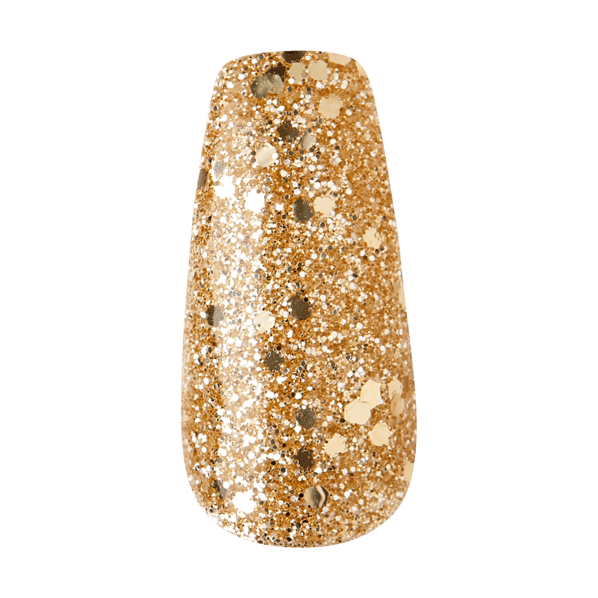 Glossy artificial nail tip covered in dense gold glitter with larger hexagonal and small round sparkling particles.
