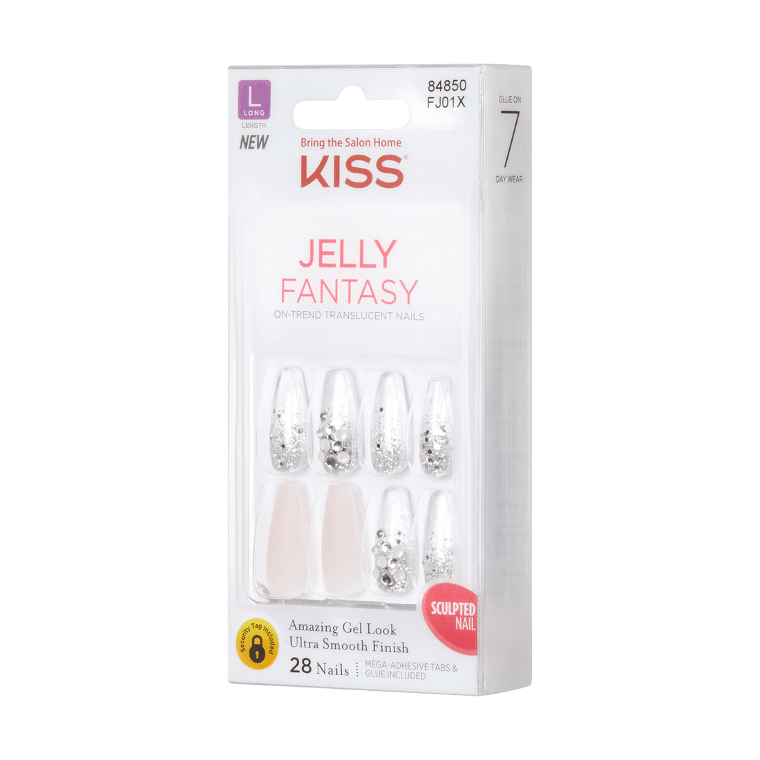 KISS Jelly Fantasy, Press-On Nails, Jelly Bear, Clear, Long Coffin, 28ct