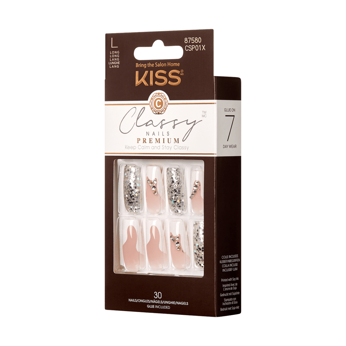 KISS Classy Nails Premium, Press-On Nails, Goddess, White, Long Coffin, 30ct