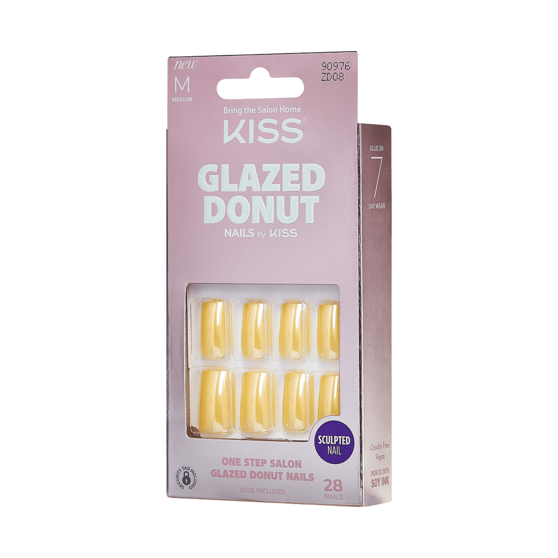 KISS Glazed Donut, Press-On Nails, Icy Lemon, Yellow, Med Square, 28ct