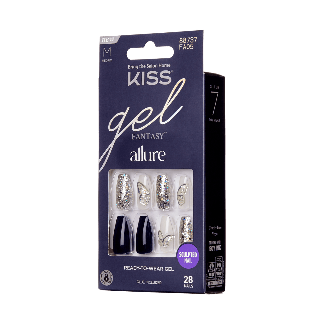KISS Gel Fantasy, Press-On Nails, Stunned By You, Blue, Med Coffin, 28ct
