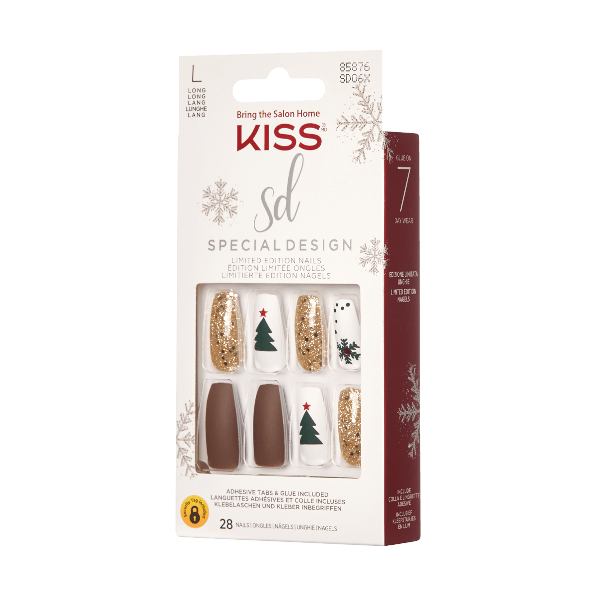 KISS Special Design Limited Edition Holiday Nails in size large, featuring gold glitter, white nails with Christmas tree and holly designs, and solid brown nails.