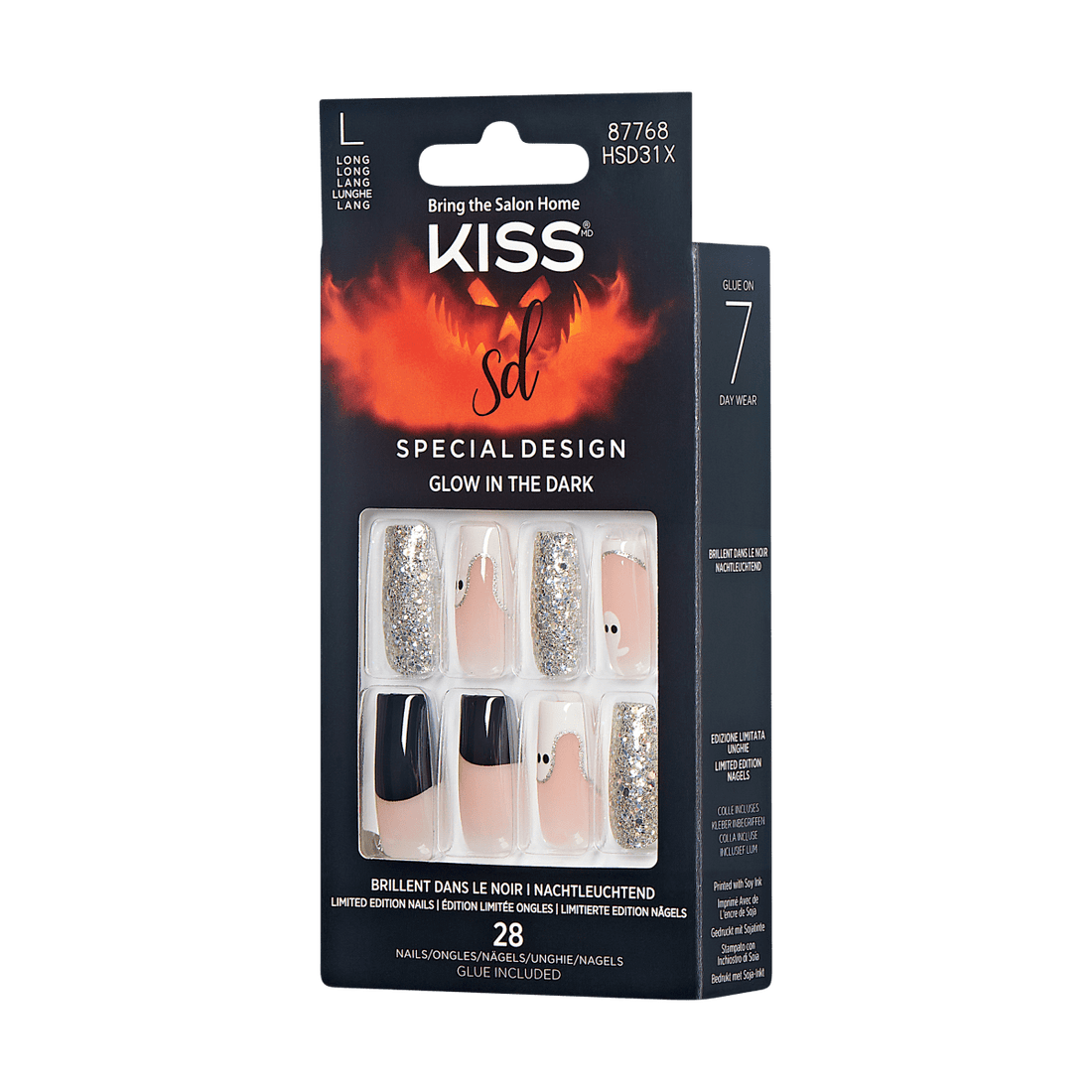 KISS Special Design, Press-On Nails, Bad Dreams, Black, Long Square, 28ct