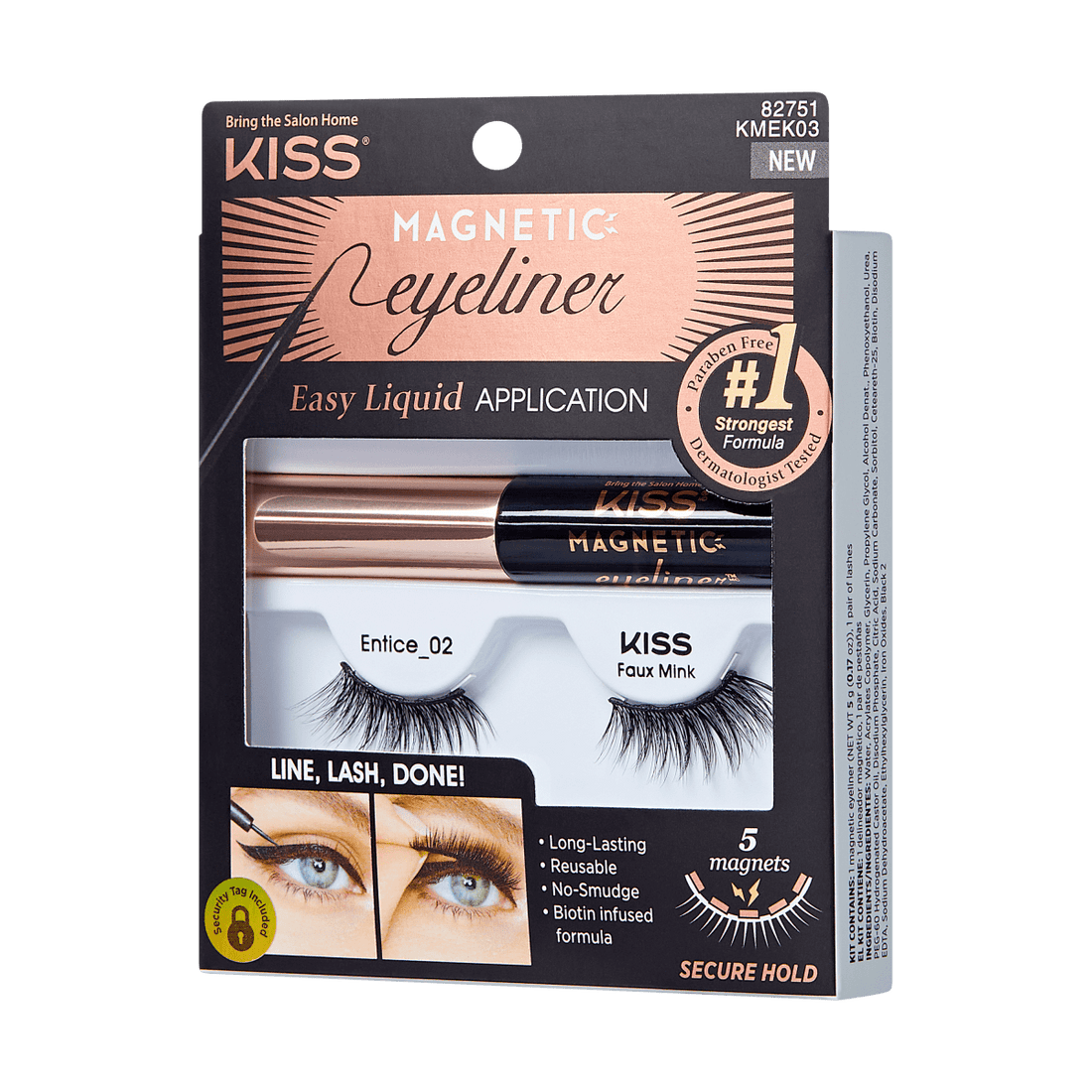 Magnetic lashes kit includes magnetic eyeliner and a pair of magnetic eyelashes. 