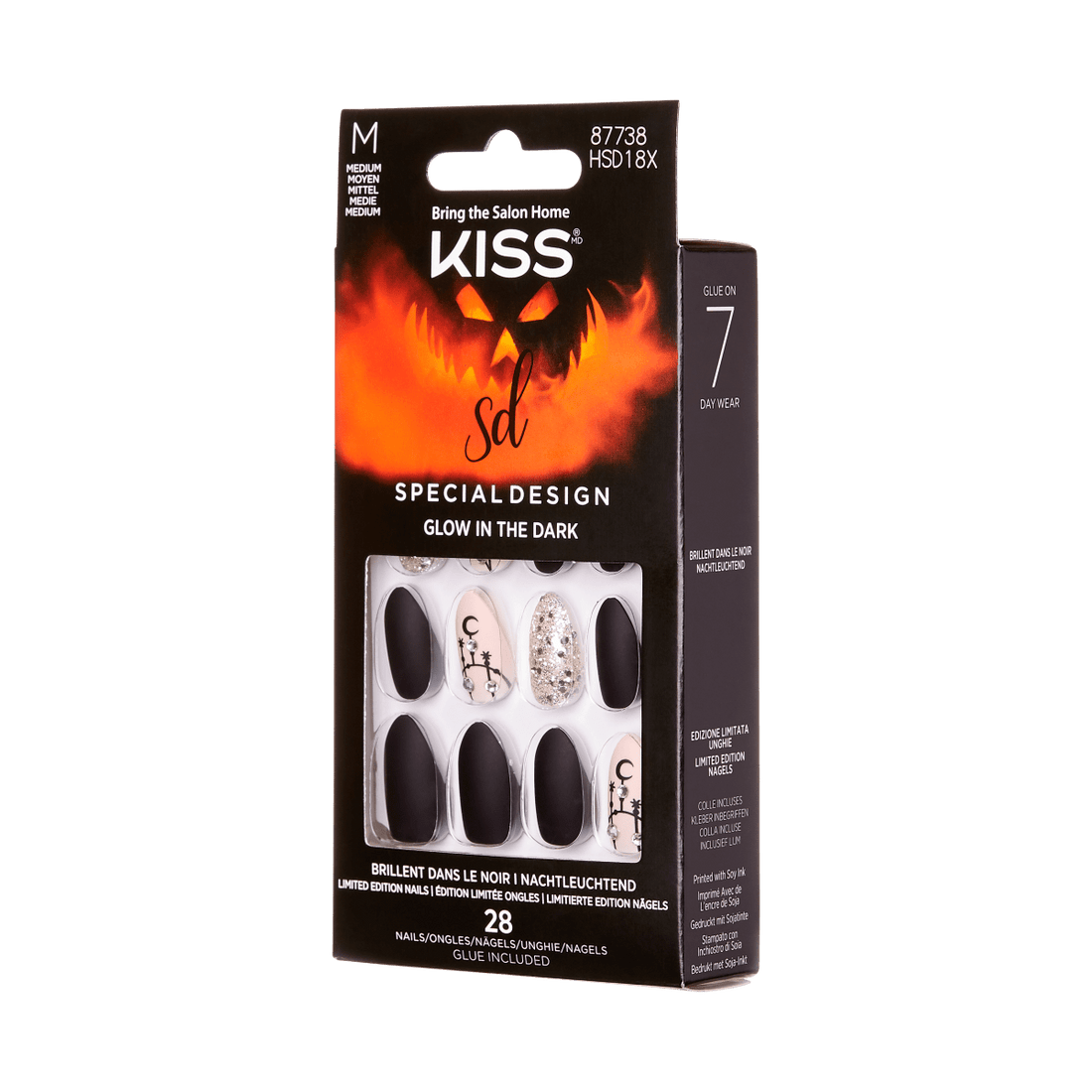 KISS Special Design, Press-On Nails, Scary Skeletons, Black, Med Almond, 28ct