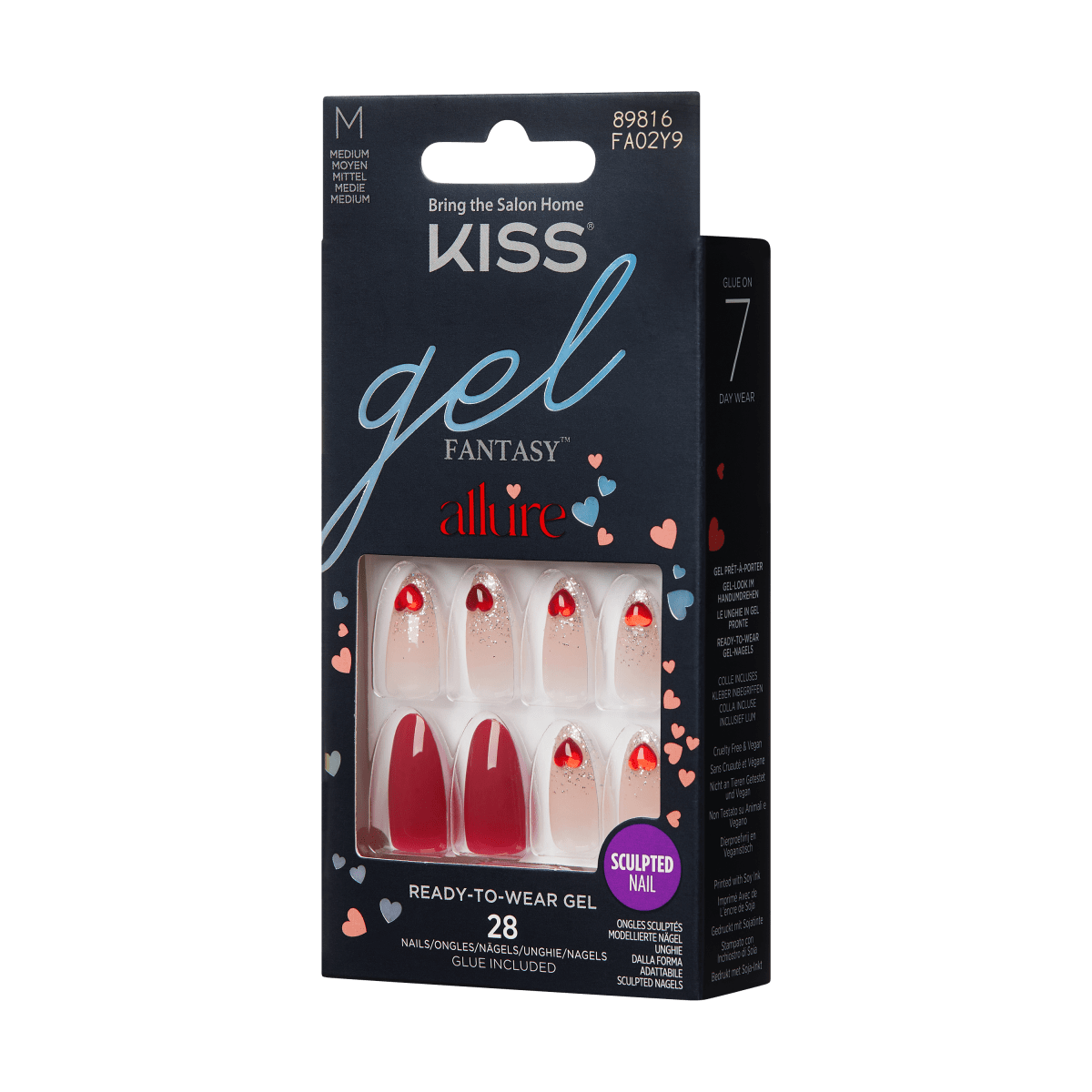 KISS Gel Fantasy Allure ready-to-wear gel nails in medium size. 28 sculpted nails with red, clear, and glitter designs featuring small heart accents. Glue included.