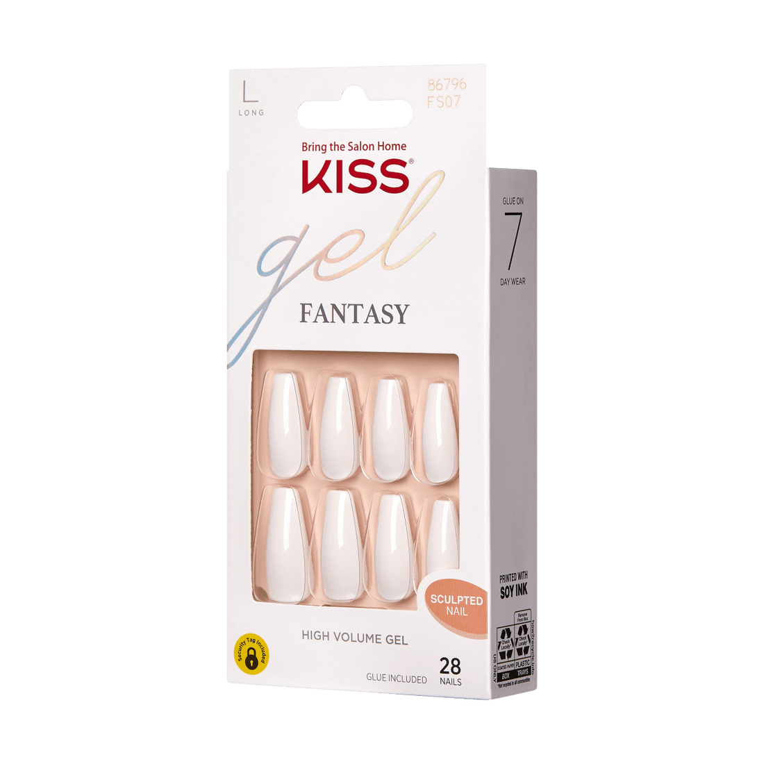 KISS Gel Fantasy, Press-On Nails, True Color, White, Long Coffin, 28ct