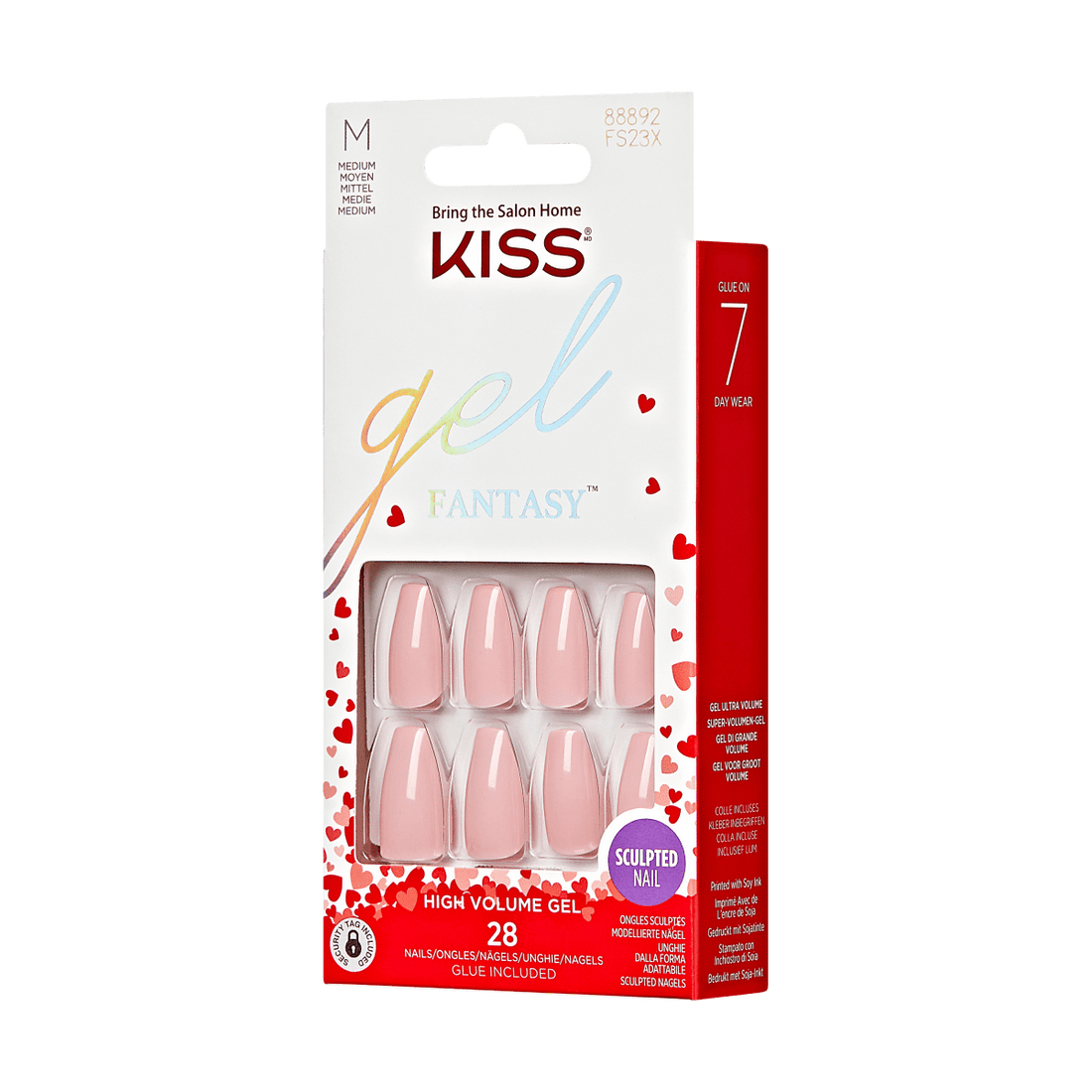 KISS Gel Fantasy, Press-On Nails, XOXO, Pink, Med Coffin, 28ct