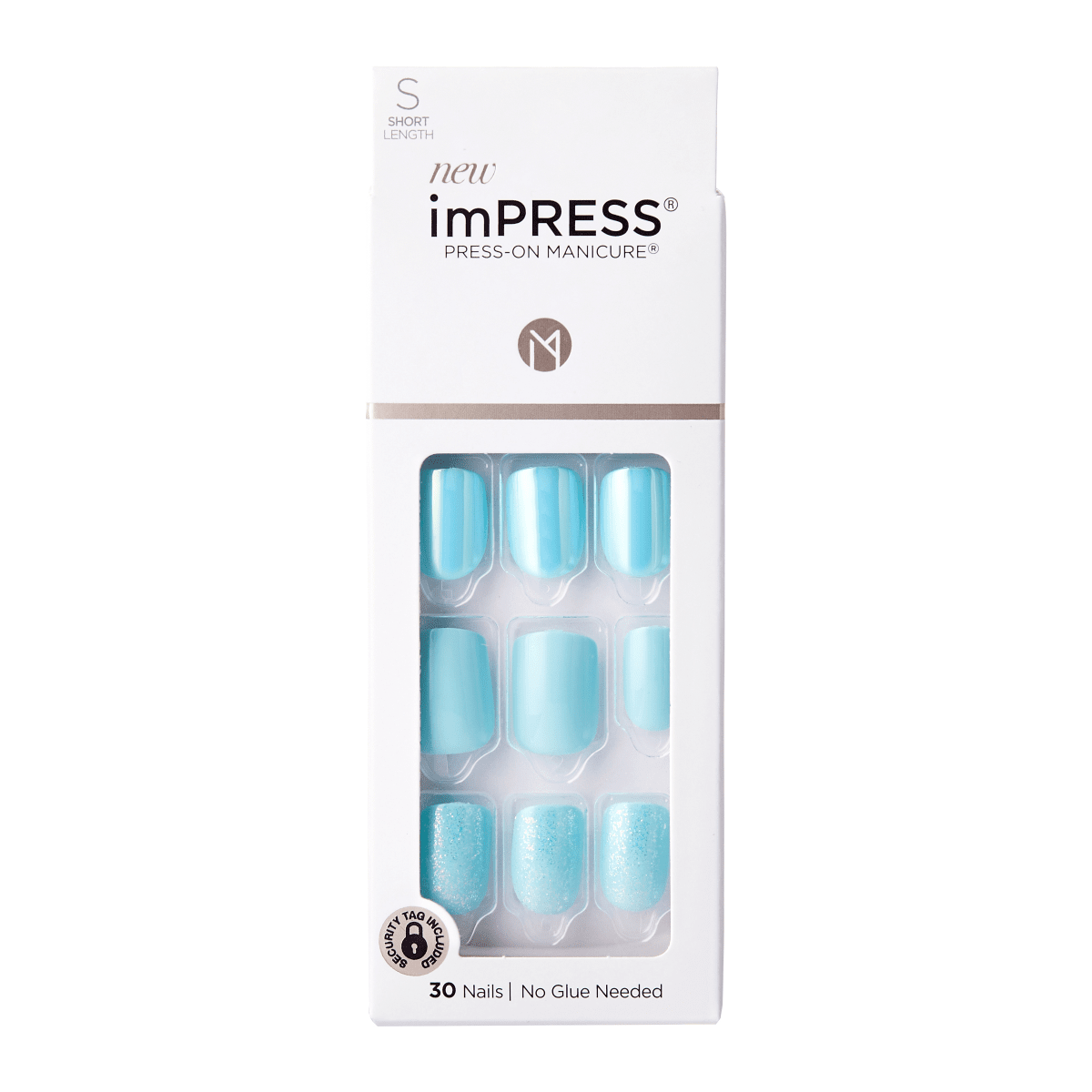 White rectangular box packaging for imPRESS press-on manicure in short length. Contains 30 baby blue nails with glossy and glitter finishes. Text highlights \