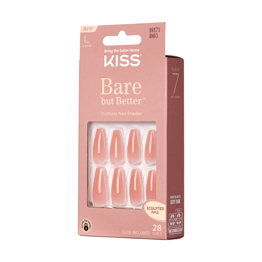 KISS Bare But Better, Press-On Nails, Nude Glow, Nude, Long Coffin, 28ct