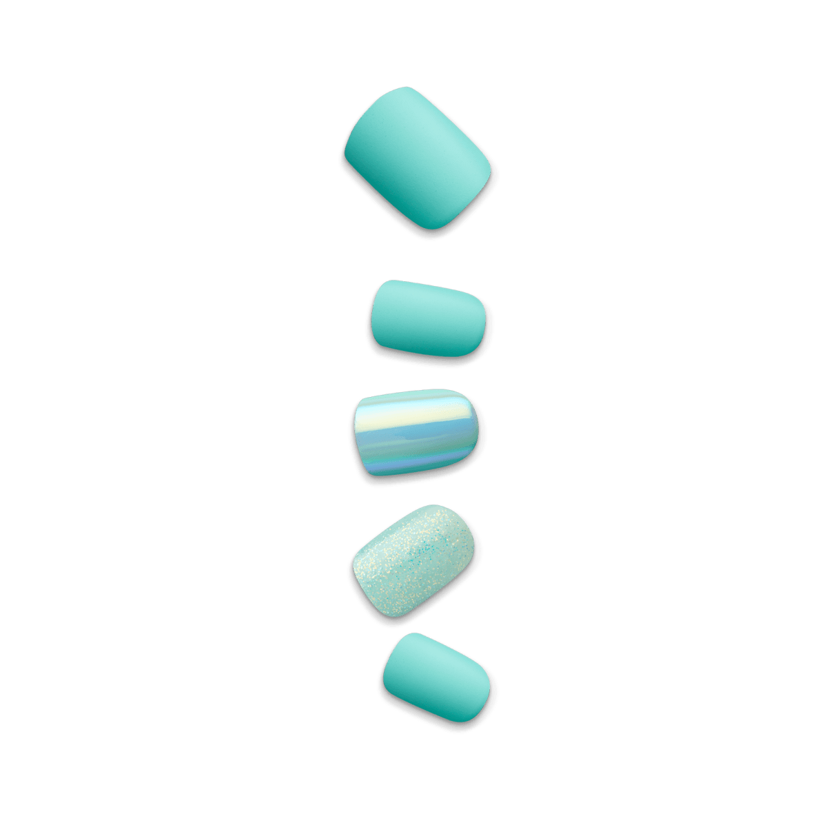 Five press-on nails in shades of teal blue, including solid teal, holographic, and glitter finishes, shown on a transparent background.