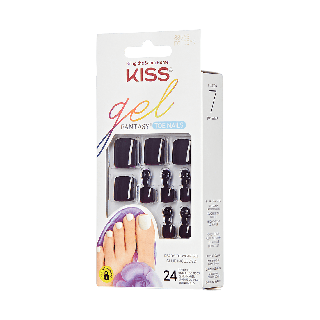 KISS Gel Fantasy, Press-On Nails, Dark Chocolate, Red, Pedicure Squoval, 24ct