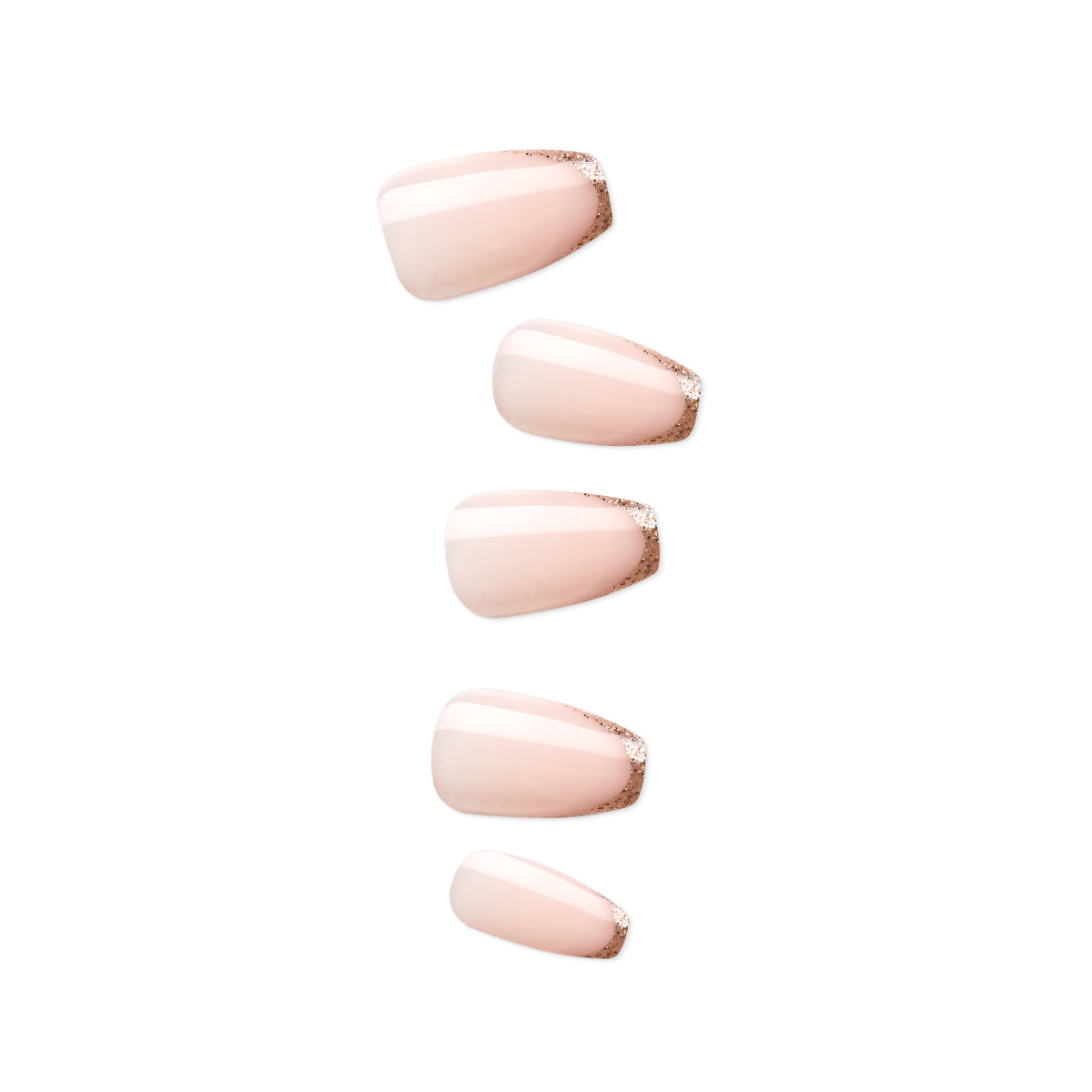 Set of five pale pink press-on nails with subtle gold glitter tips, shown from a top view with a glossy finish.