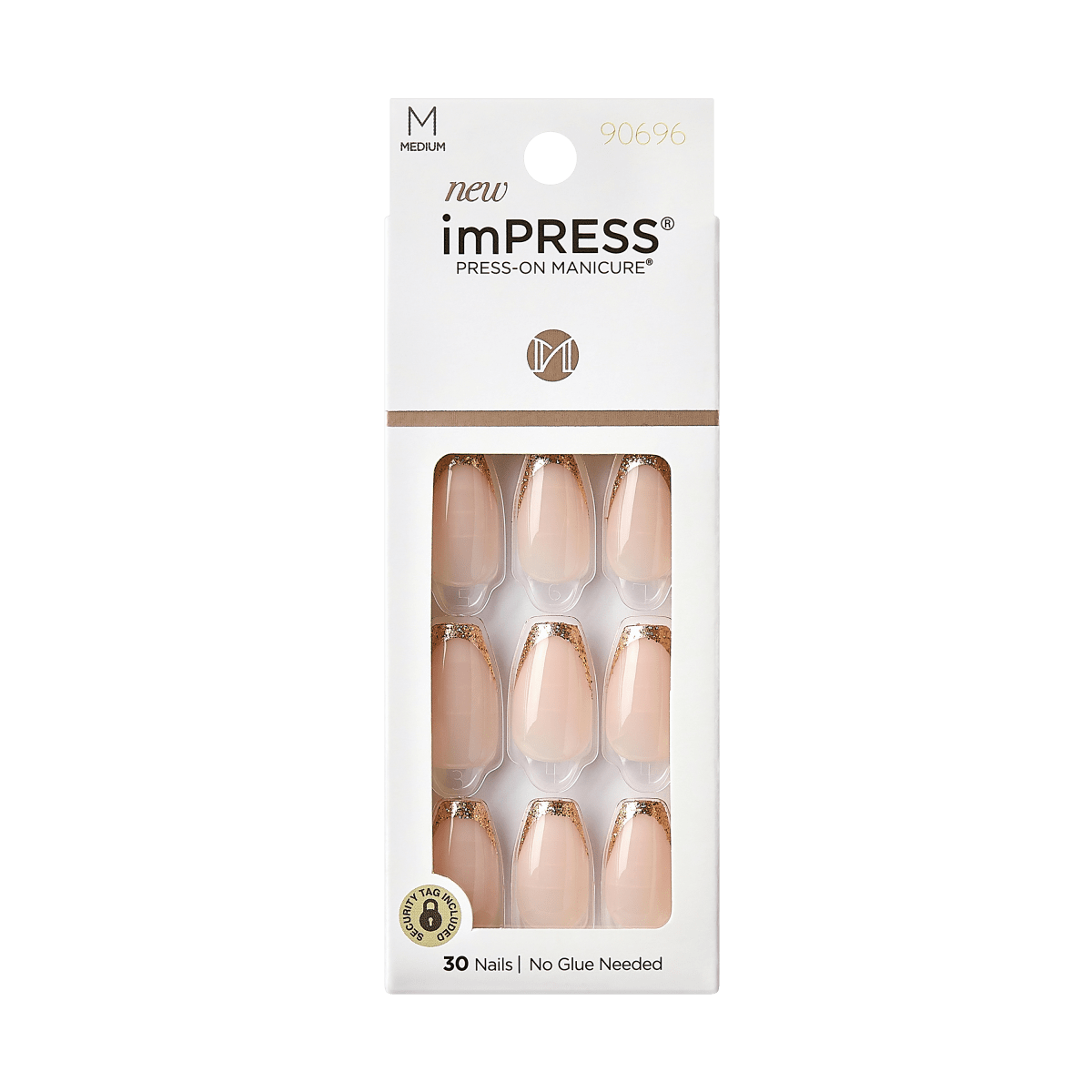 imPRESS medium press-on manicure nails in nude shade with gold glitter tips, 30 nails in white packaging, no glue needed, security tag included.