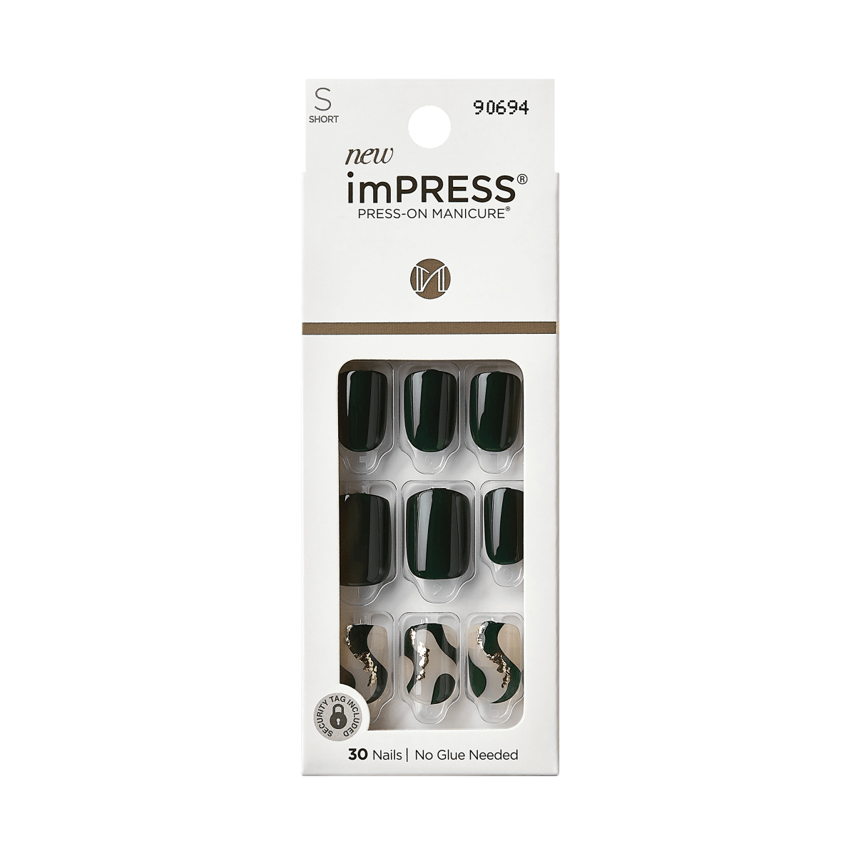 imPRESS Press-On Manicure nails in short size, featuring dark green solid and abstract beige and gold foil designs, no glue needed, 30 nails included.