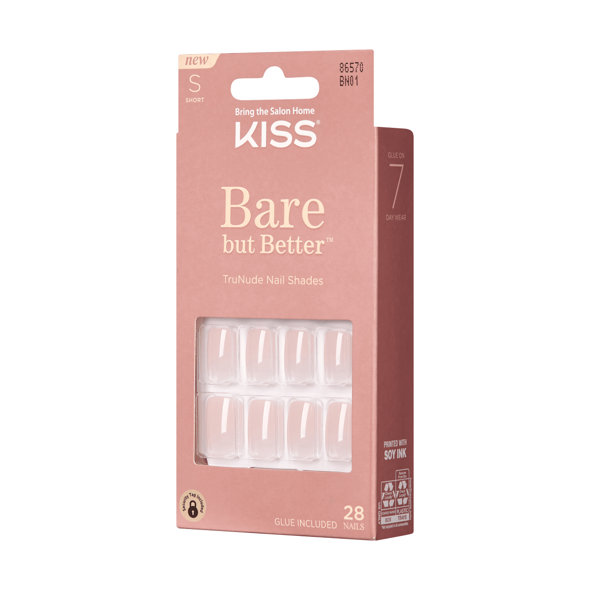 KISS Bare But Better, Press-On Nails, Nudies, Nude, Short Squoval, 28ct