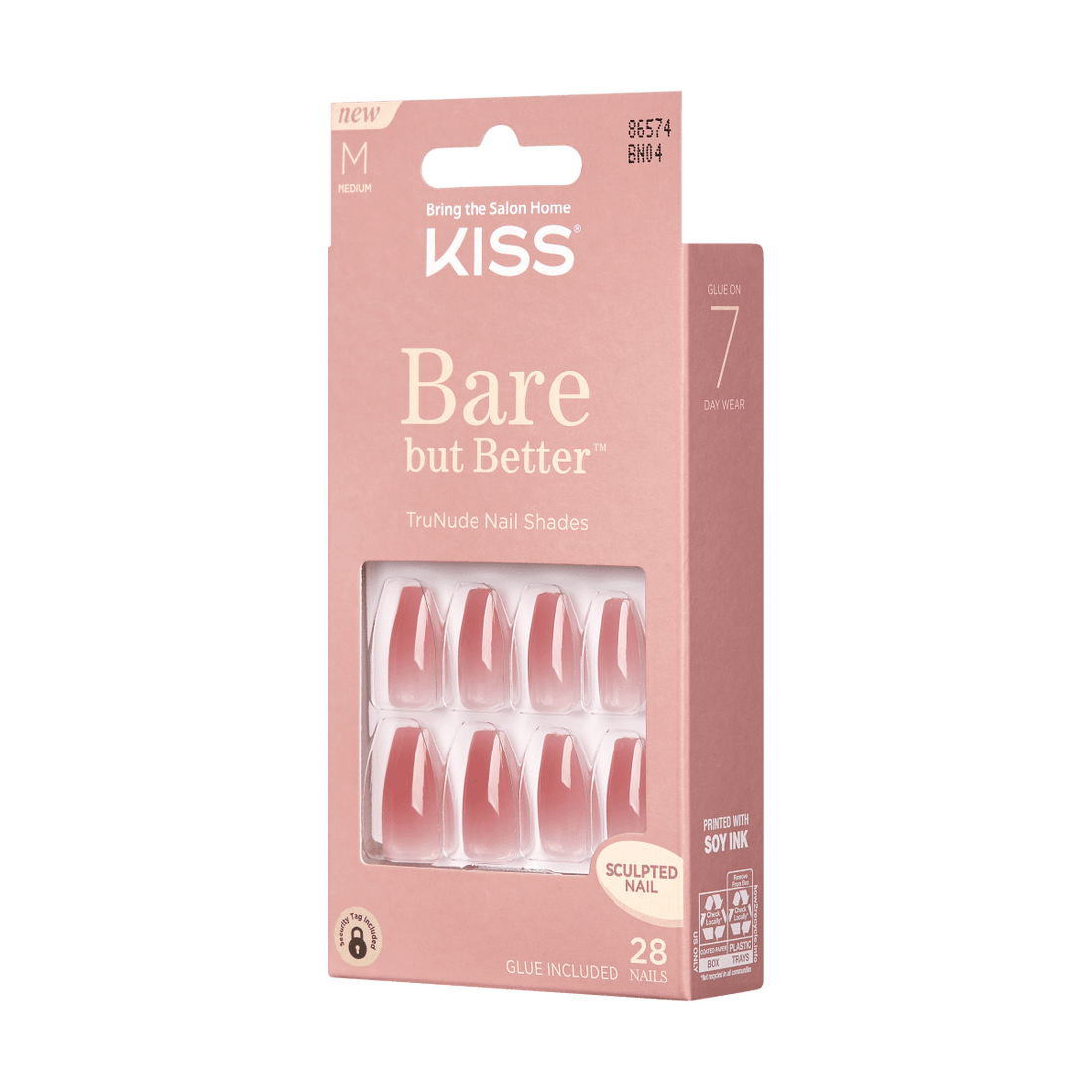 KISS Bare But Better, Press-On Nails, Nude Nude, Nude, Med Coffin, 28ct