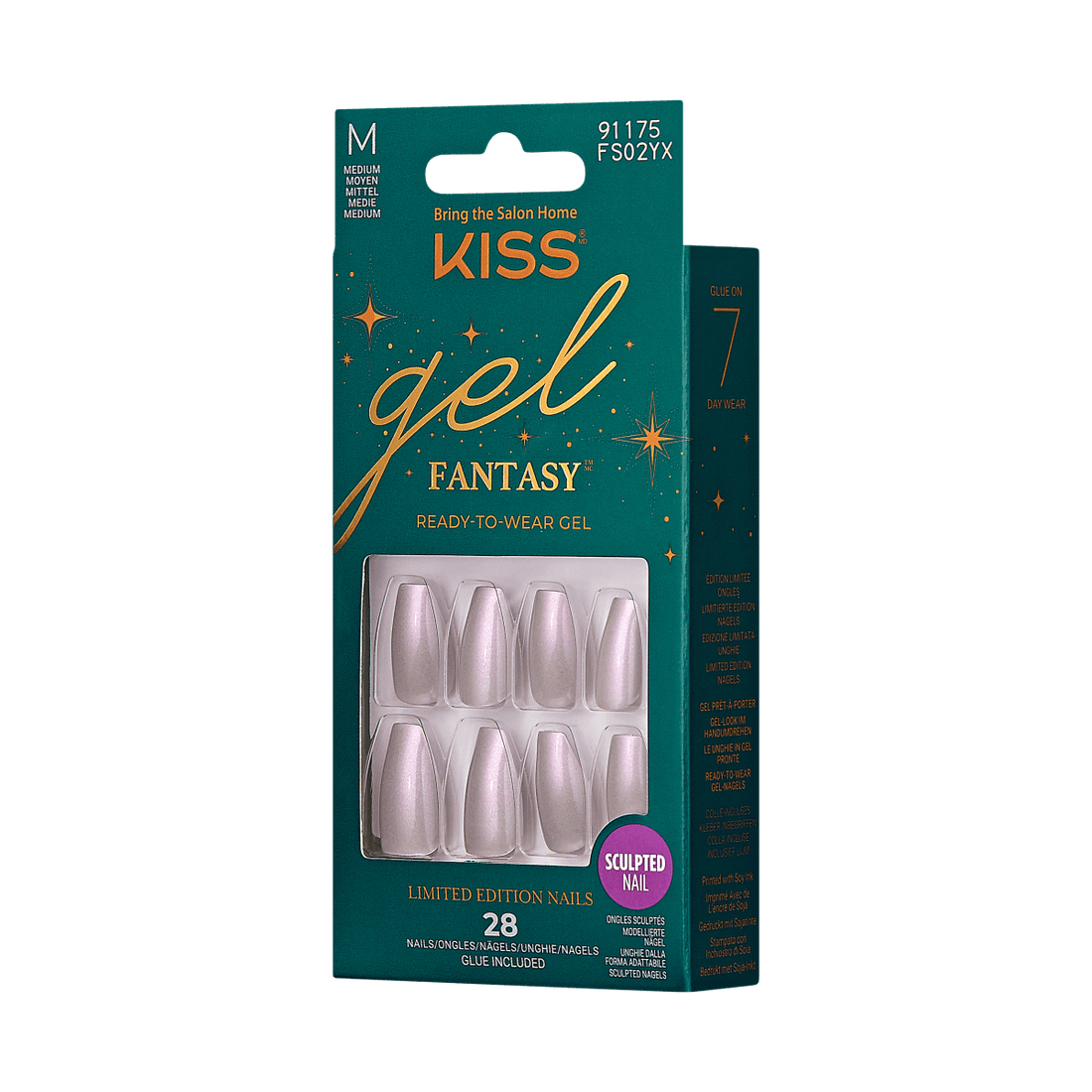 KISS Gel Fantasy, Press-On Nails, To Sparkle, Silver, Med Coffin, 28ct