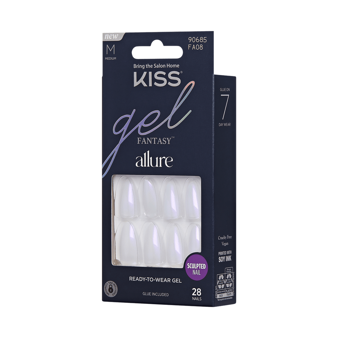 KISS Gel Fantasy, Press-On Nails, Influential, White, Med Almond, 28ct