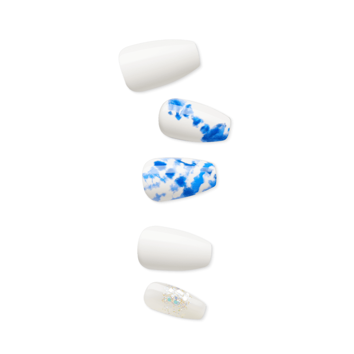 Five press-on nails in a vertical row featuring a Riviera Paradise design; white base with two nails having blue watercolor patterns and one with white glitter accents.