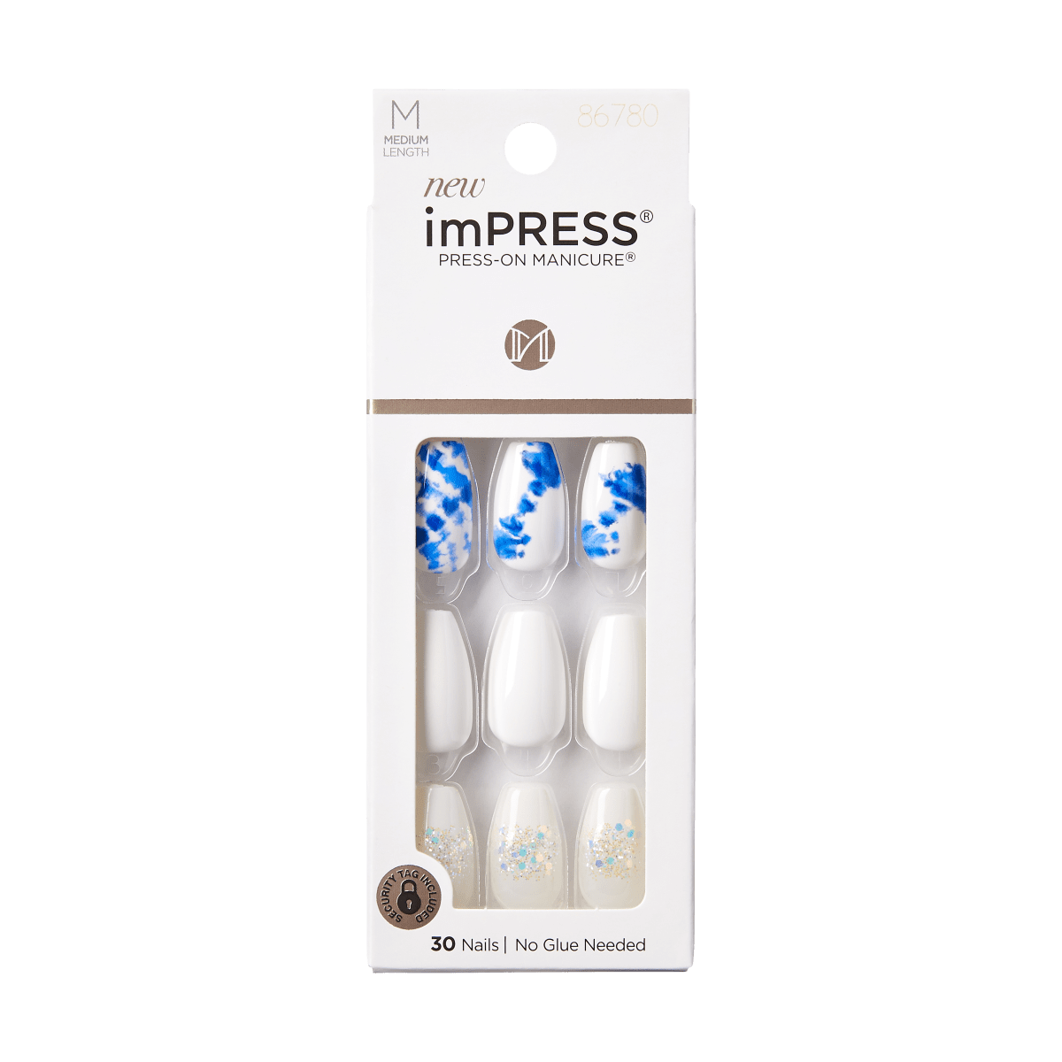 imPRESS press-on manicure nails in medium length, Riviera Paradise design featuring white nails with blue abstract patterns and glitter accents, 30 nails, no glue needed.