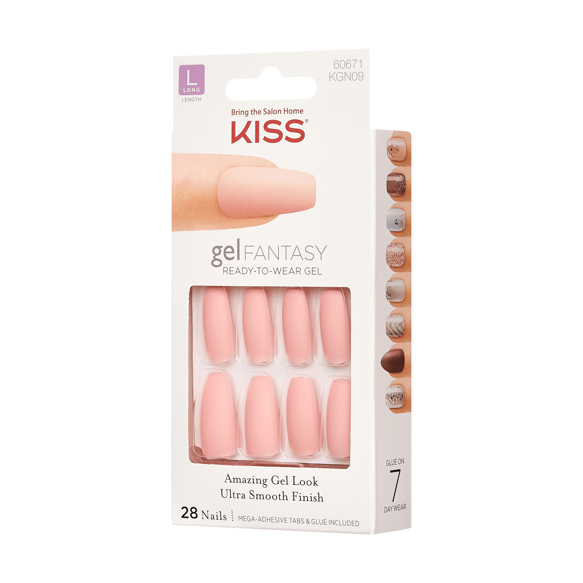 KISS Gel Fantasy ready-to-wear long pink gel nails in packaging with claim \