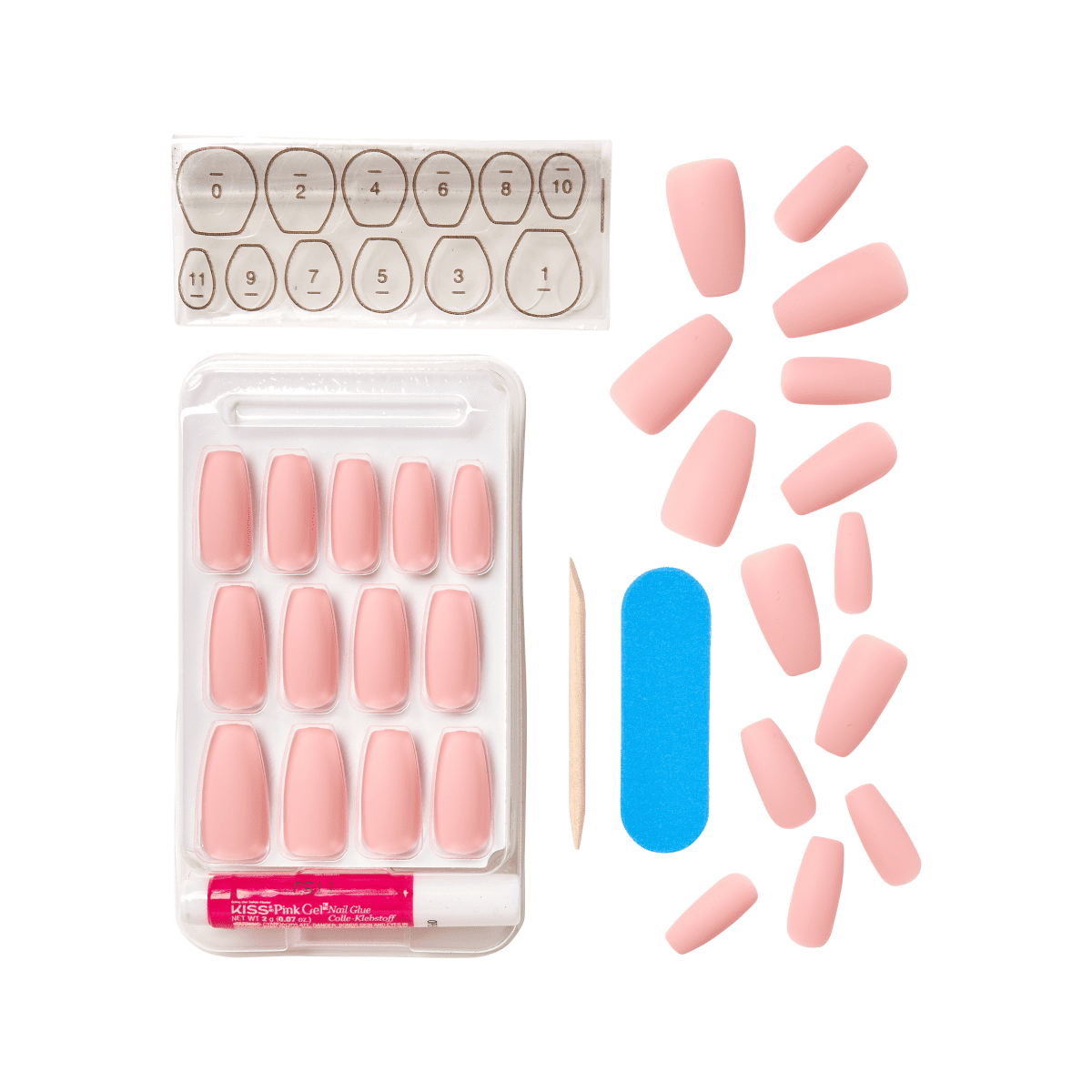 Set of KISS Gel Fantasy Nails in soft pink, displayed with sizing guide, nail glue, wooden cuticle stick, and blue nail file, all on white background.