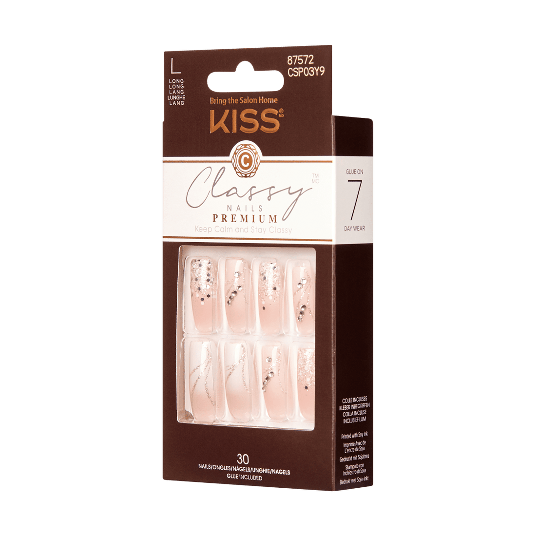 KISS Classy Nails Premium, Press-On Nails, Crystal Crown, Beige, Long Square, 30ct