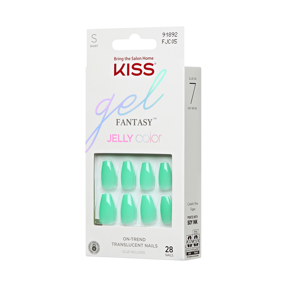 KISS Gel Fantasy, Press-On Nails, Poppin Jelly, Green, Med Coffin, 28ct