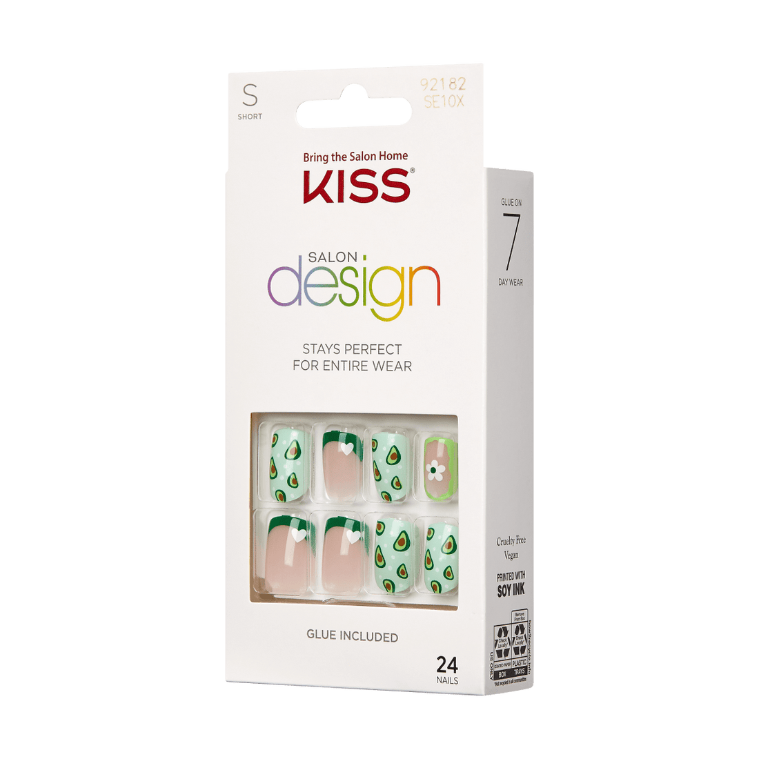 KISS Salon Design, Press-On Nails, No cap, Green, Short Squoval, 24ct