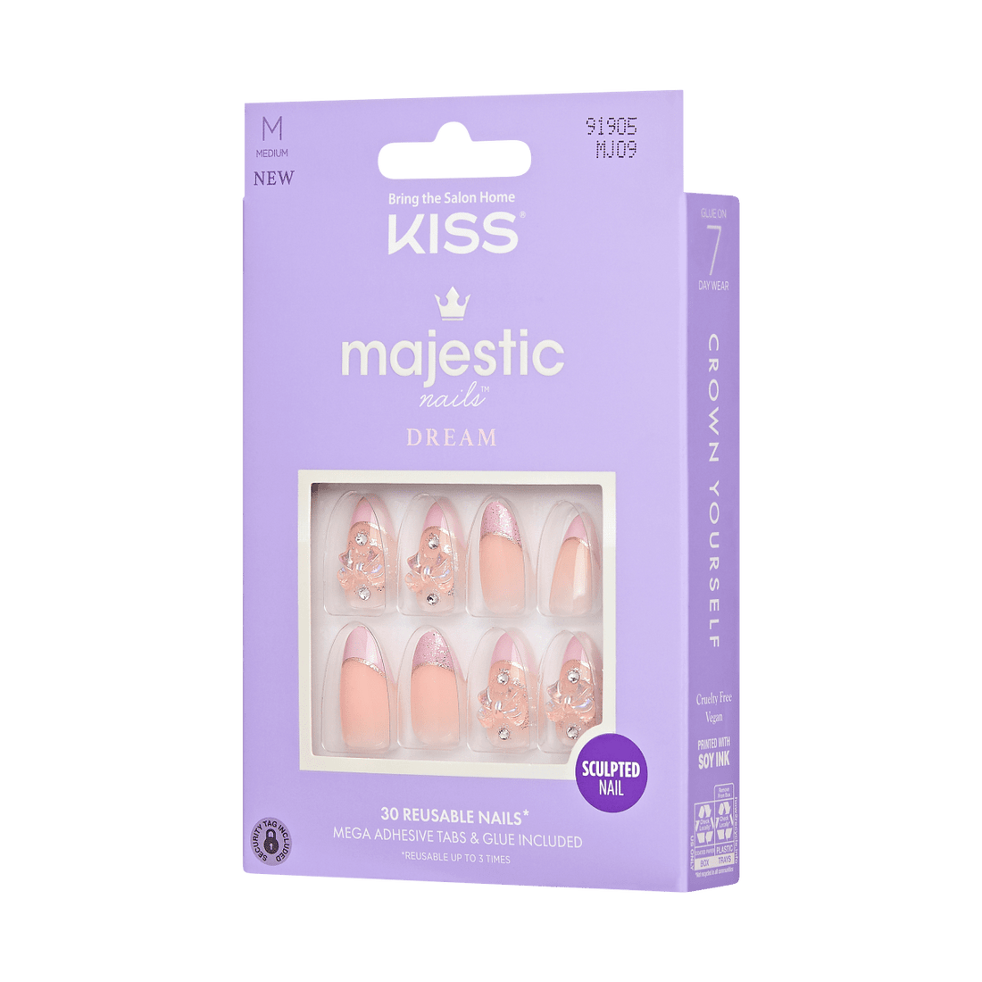 KISS Majestic, Press-On Nails, Maestro, Pink, Med Almond, 30ct