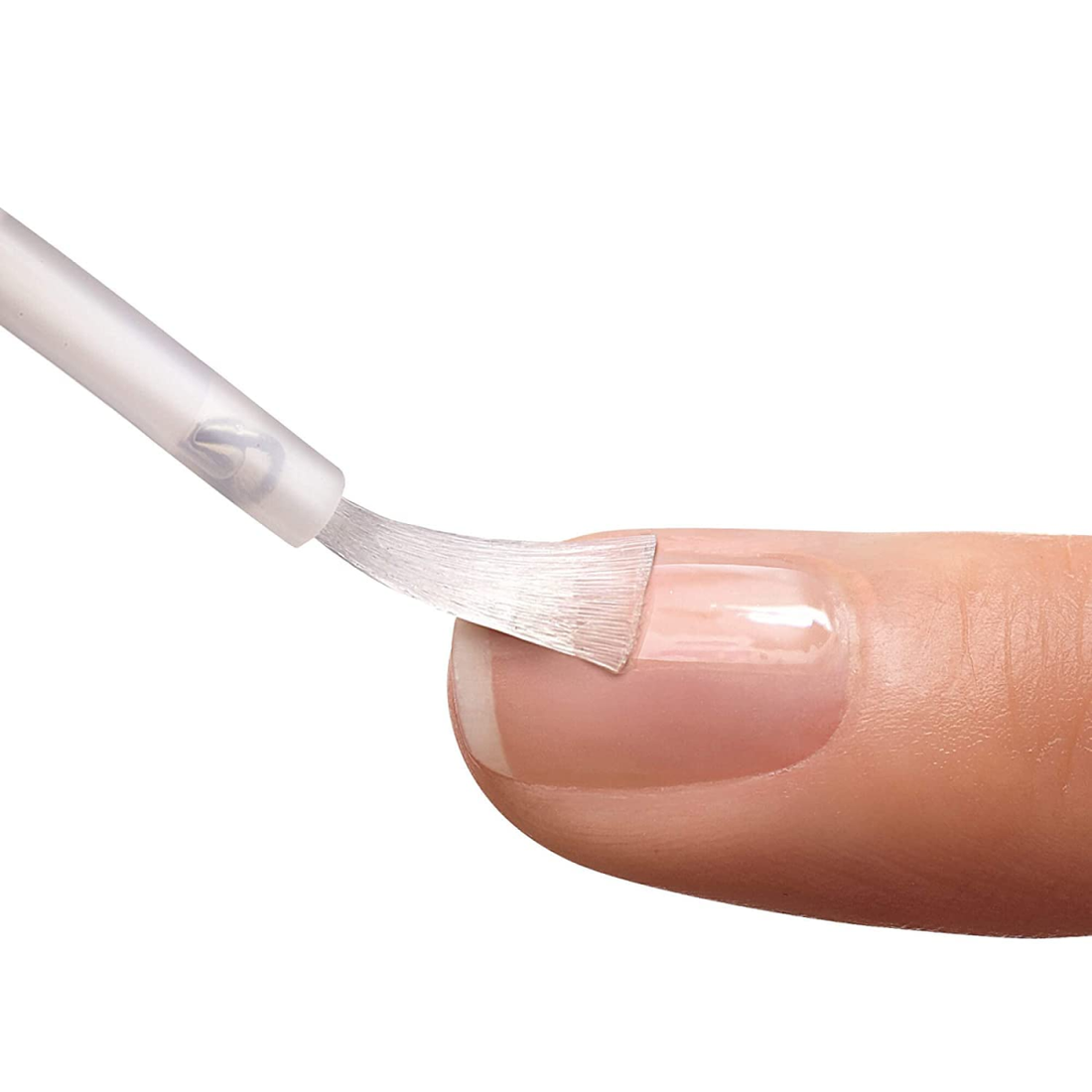 Close-up of a clear brush applying nail glue onto a natural fingernail, demonstrating precise, smooth coverage for nail adhesion.