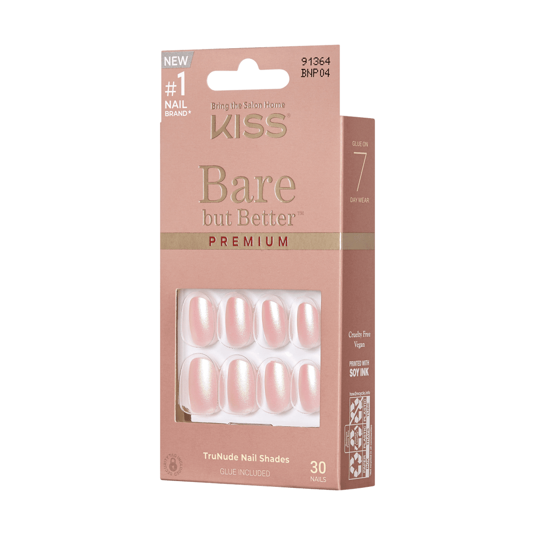 KISS Bare But Better, Press-On Nails, Mocha, Beige, Short Oval, 30ct