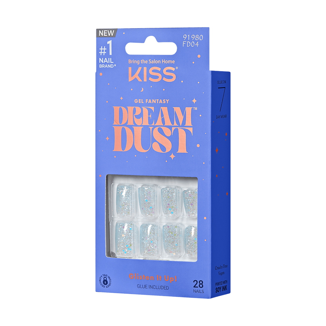 KISS Gel Fantasy Dreamdust, Press-On Nails, Champagnes, Blue, Short Squoval, 28ct